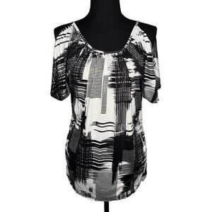 Tavia Abstract Print Cold Shoulder Top Size 1X Stretch Short Sleeve Black/White